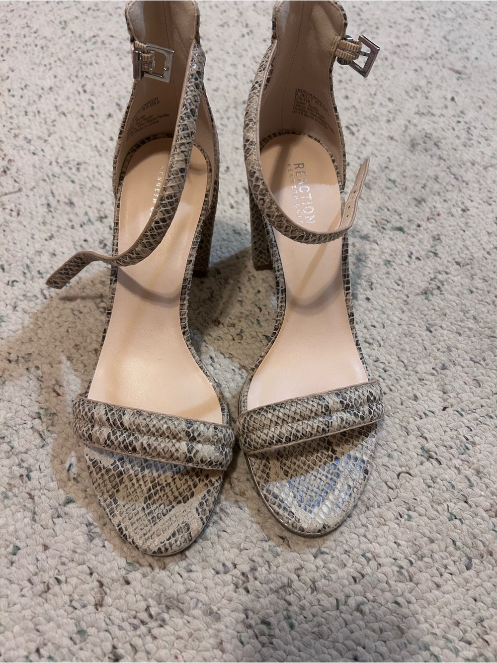 Kenneth Cole Reaction Taupe Snakeskin Ankle-Strap Block Heels